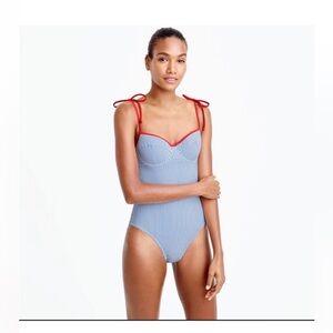 J.Crew Scrunchie One-Piece Seersucker Swimsuit S Blue-White Stripes EUC